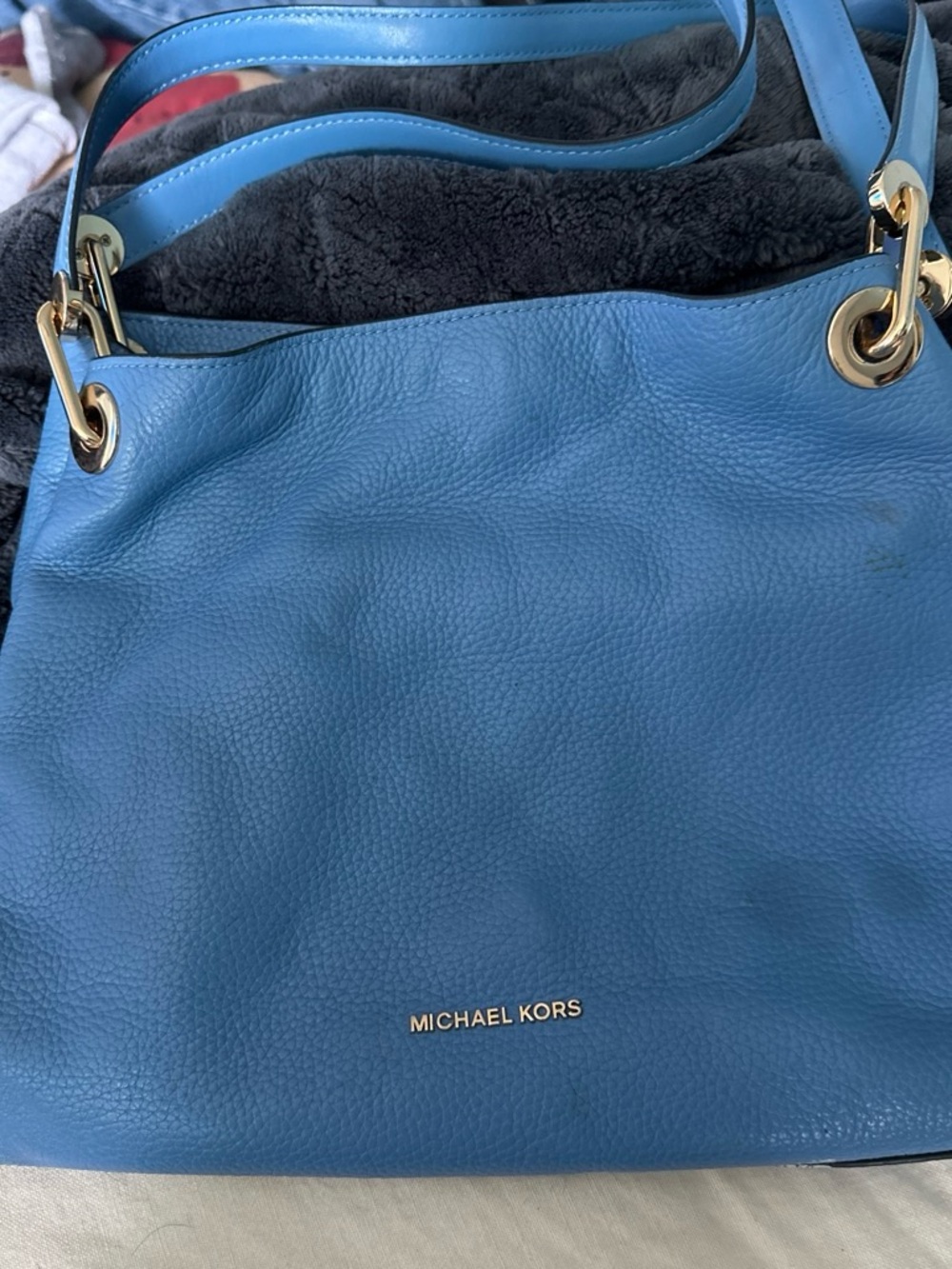 Michael Kors Blue Pebbled Leather Shoulder Bag with Gold Hardware